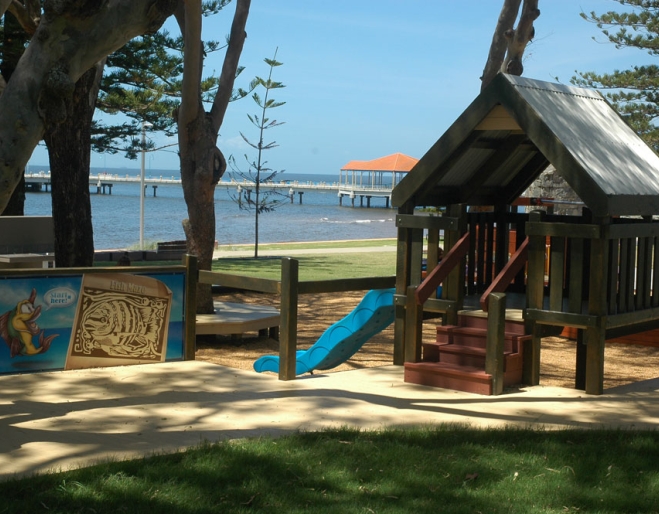 playground equipment right on the bay in Rotary Park Playground in Redcliffe