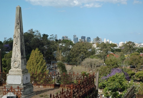 Toowong Cemetery 304 Birdwood Tce Toowong Tomb stone with city views from top of hill in Toowong Cemetery.