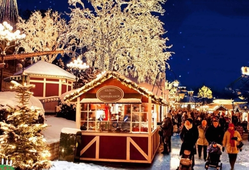 Chalets and tree Scandinavian Christmas market