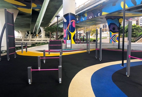 Waterline Park Gym, Queens Wharf Precinct, Brisbane CBD, outdoor exercise, parkour, calisthenics, wheelchair accesible, balance beams, Brisbane time capsule, mangrove walk