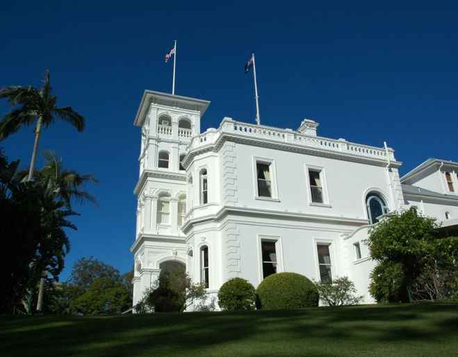 Government House white building, facade and lawns in Paddington 