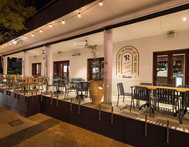 Lit up exterior verandah at The Royal Hotel Nundah