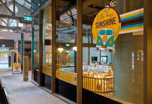 Little Miss Sunshine Brisbane CBD front window with signage at Little Miss Sunshine Brisbane CBD