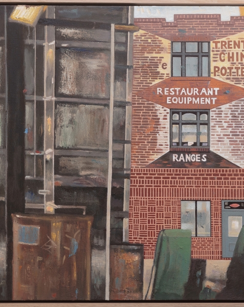 Steve Lopes painting Half House Trenton at his Exhibition ‘Everyone’s Amazing’ at Mitchell Fine Art